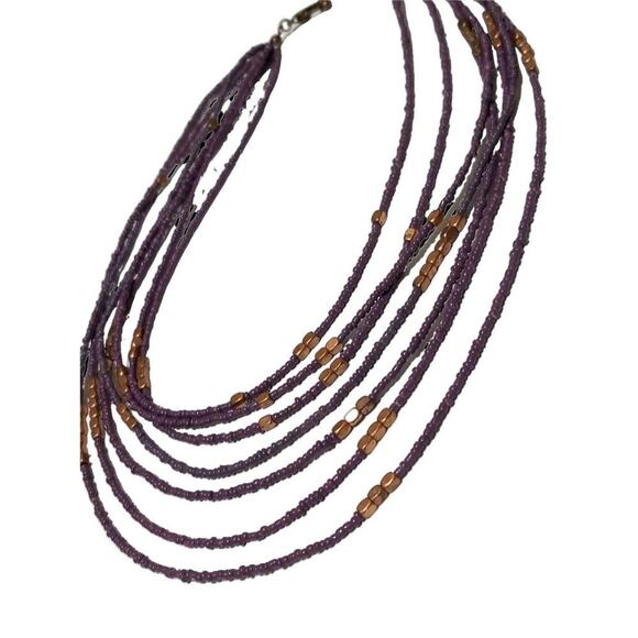 VINTAGE Seven Strand Layered Statement Necklace Purple + Square Copper Beads - Picture 3 of 4